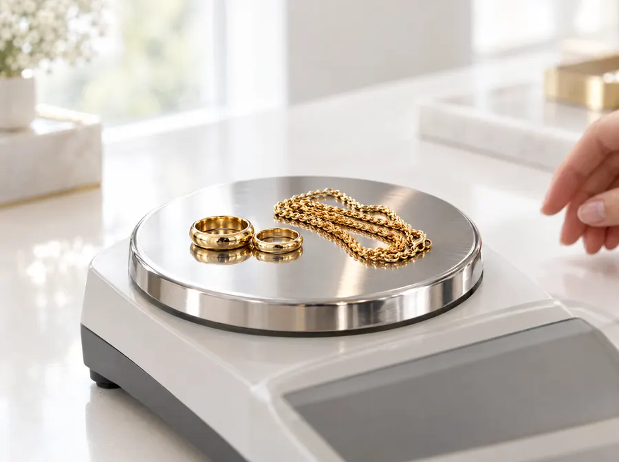 Goldringe und eine Goldkette auf der Stahlschale einer Feinwaage, eine Hand zieht sich zurück