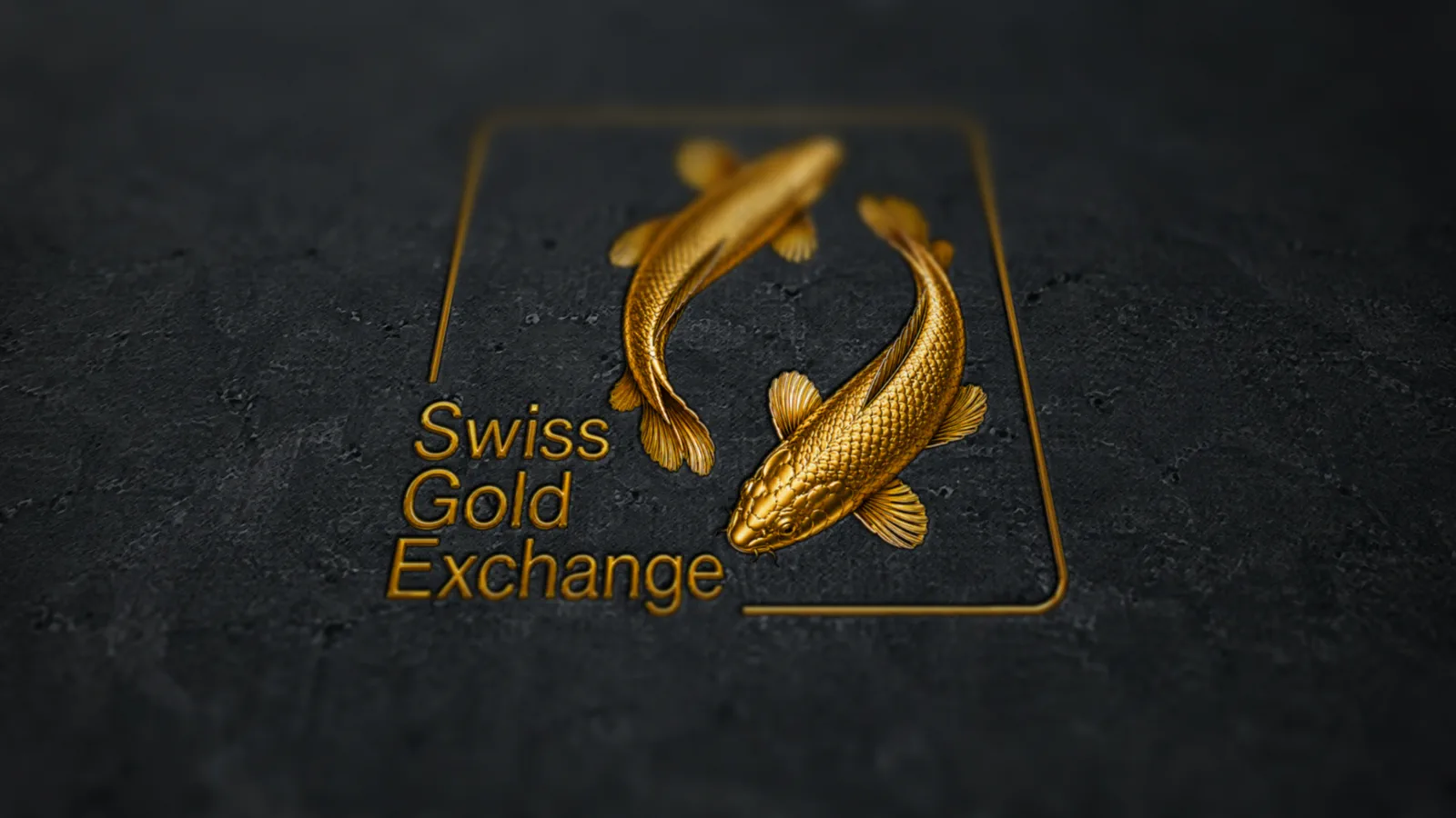 Das Logo von Swiss Gold Exchange, in Gold in eine dunkle Steinplatte gegossen