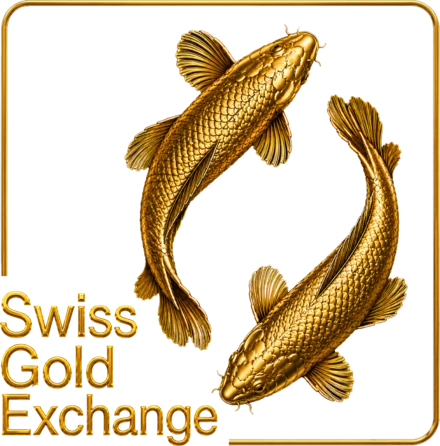 Swiss Gold Exchange: zwei goldene Koi-Fische im goldenen Rahmen, darunter der Schriftzug