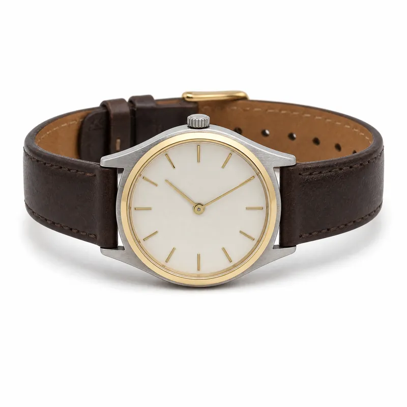 Eine Armbanduhr mit Stahlgehäuse und goldener Lünette, auf weissem Grund